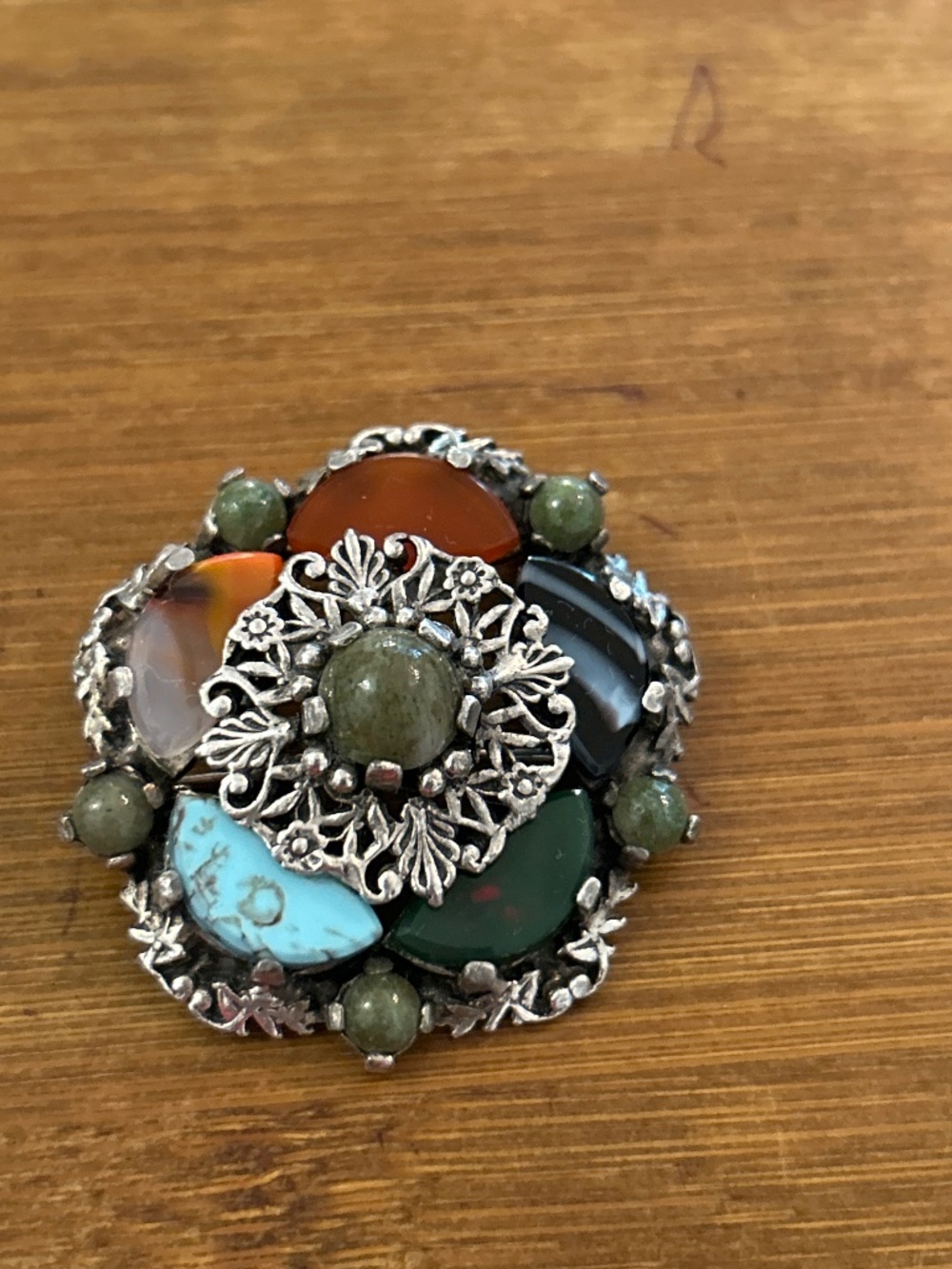 Vintage Miracle Scottish Pebble Brooch Celtic Revival Agate and Silver Pin